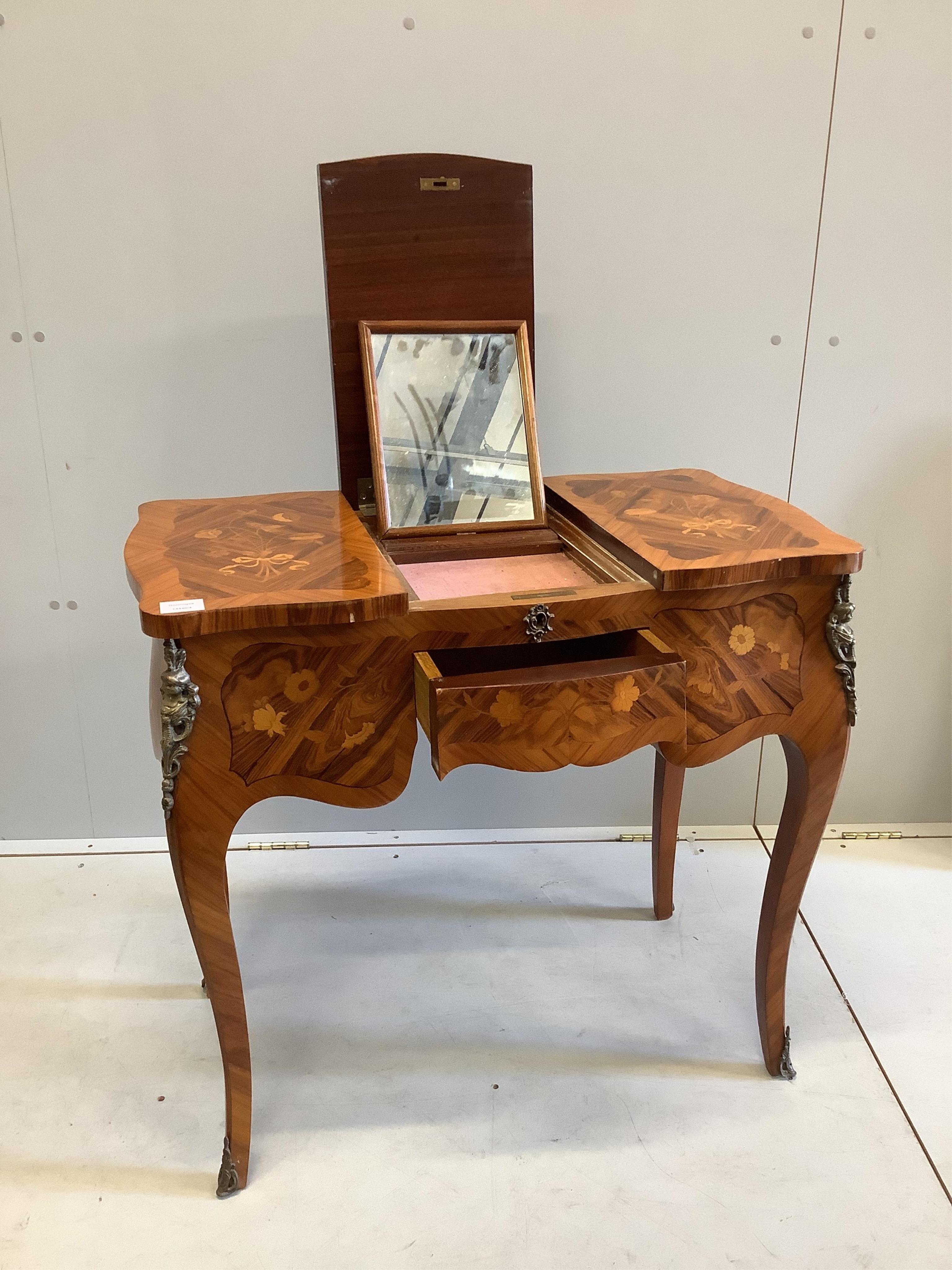 A French marquetry inlaid kingwood poudreuse, width 82cm, depth 36cm, height 74cm. Condition - good